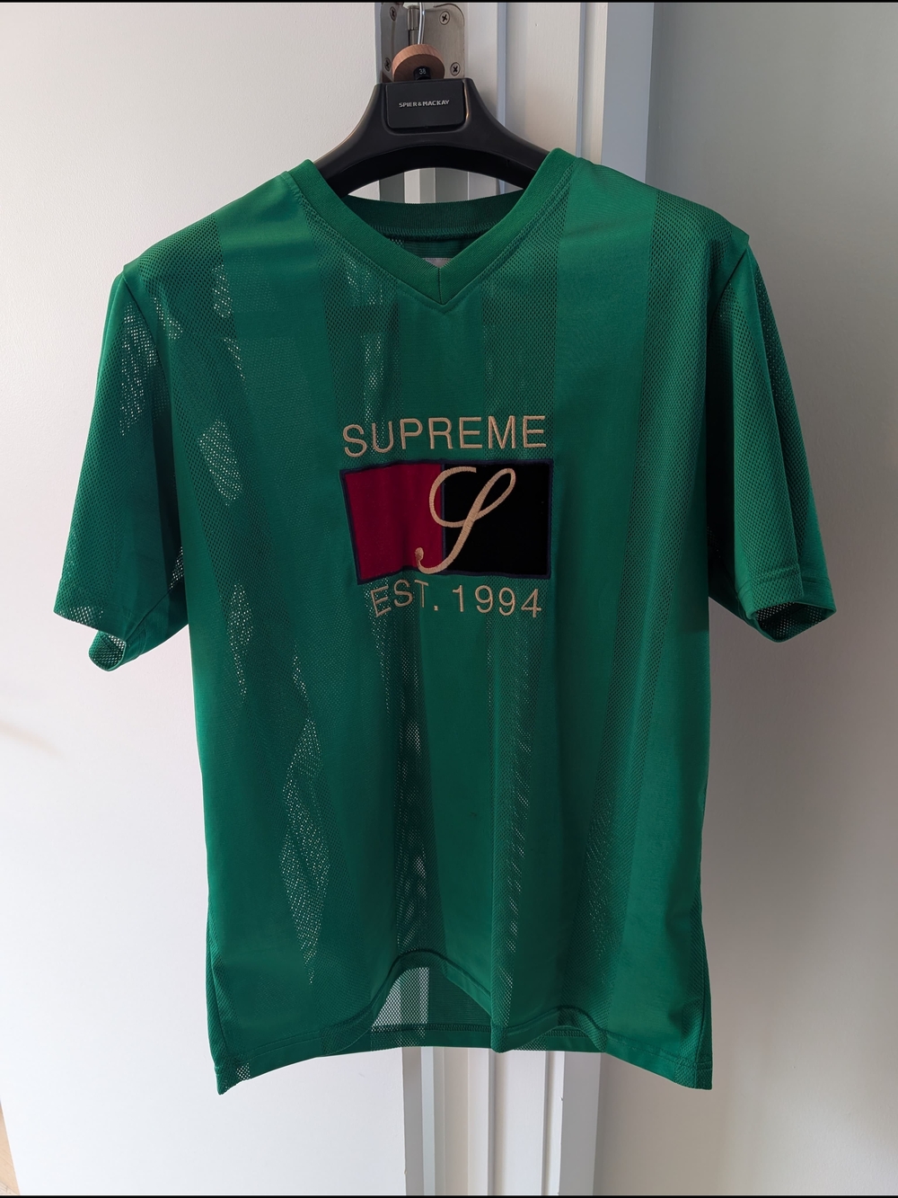 Supreme Green Mesh V-Neck Embroidered Logo Jersey, Vintage, Authentic Streetwear